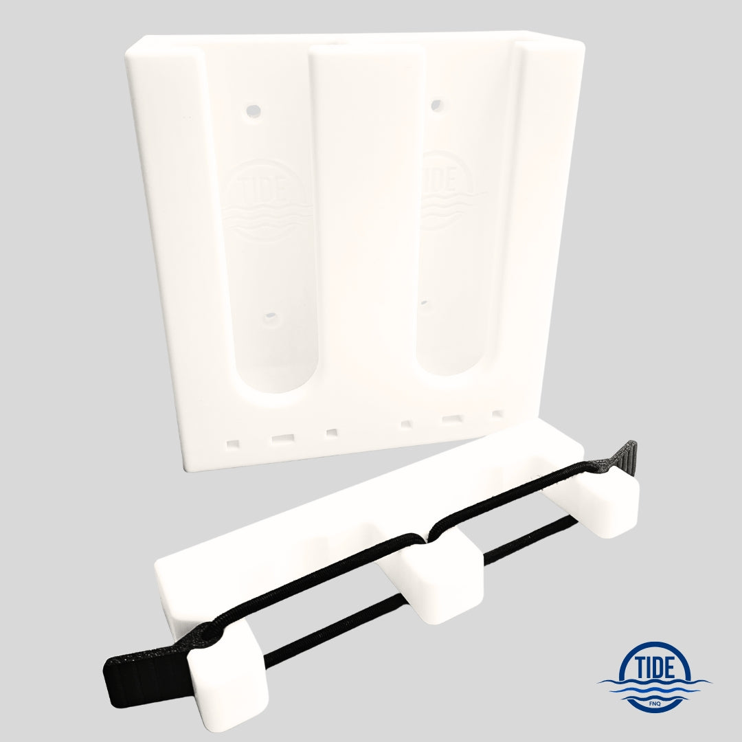 Front view of Double Upright Speargun Rack with carbon-fibre bungee tab, marine-grade ASA