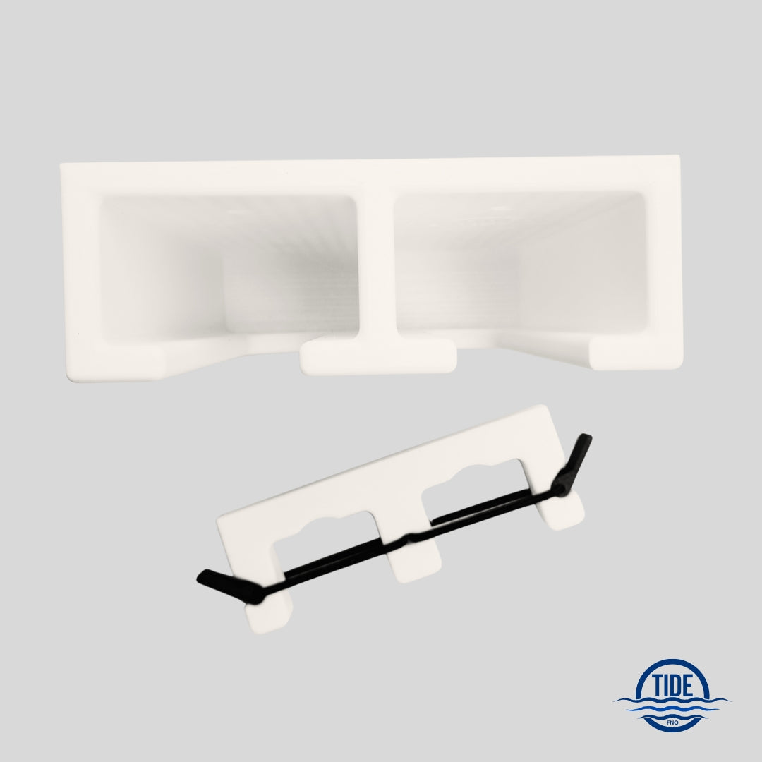 Top view of Double Upright Speargun Rack with carbon-fibre bungee tab, marine-grade ASA