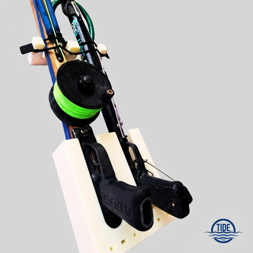 Front view of Double Upright Speargun Rack with carbon-fibre bungee tab, marine-grade ASA