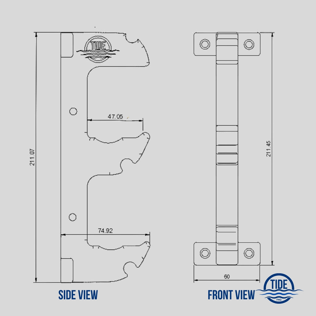 Scale diagram with measurements to check compatibility of Tide FNQ double gunnel speargun rack.