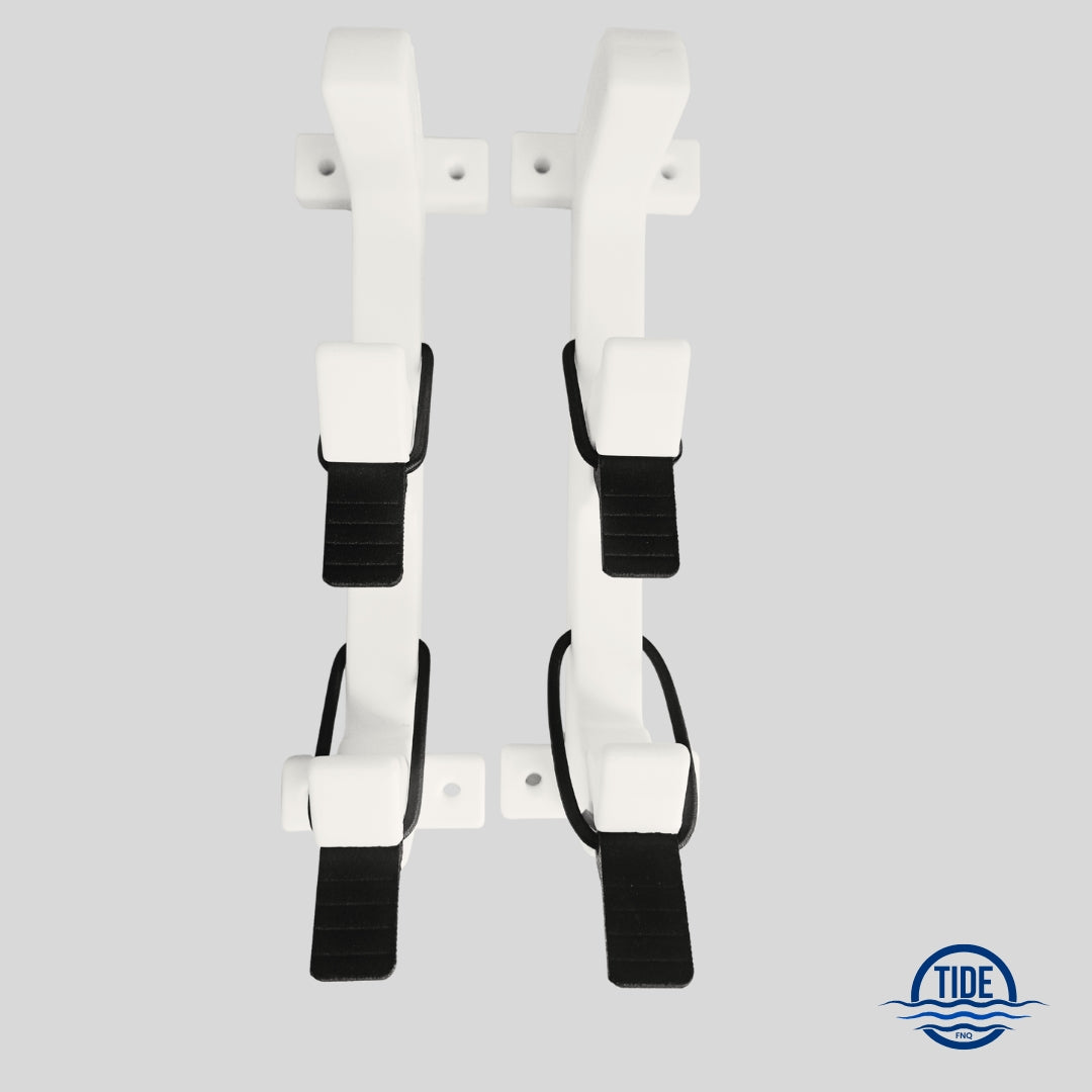 Front view of double gunwale speargun rack with easy-grip carbon fibre bungee tabs.