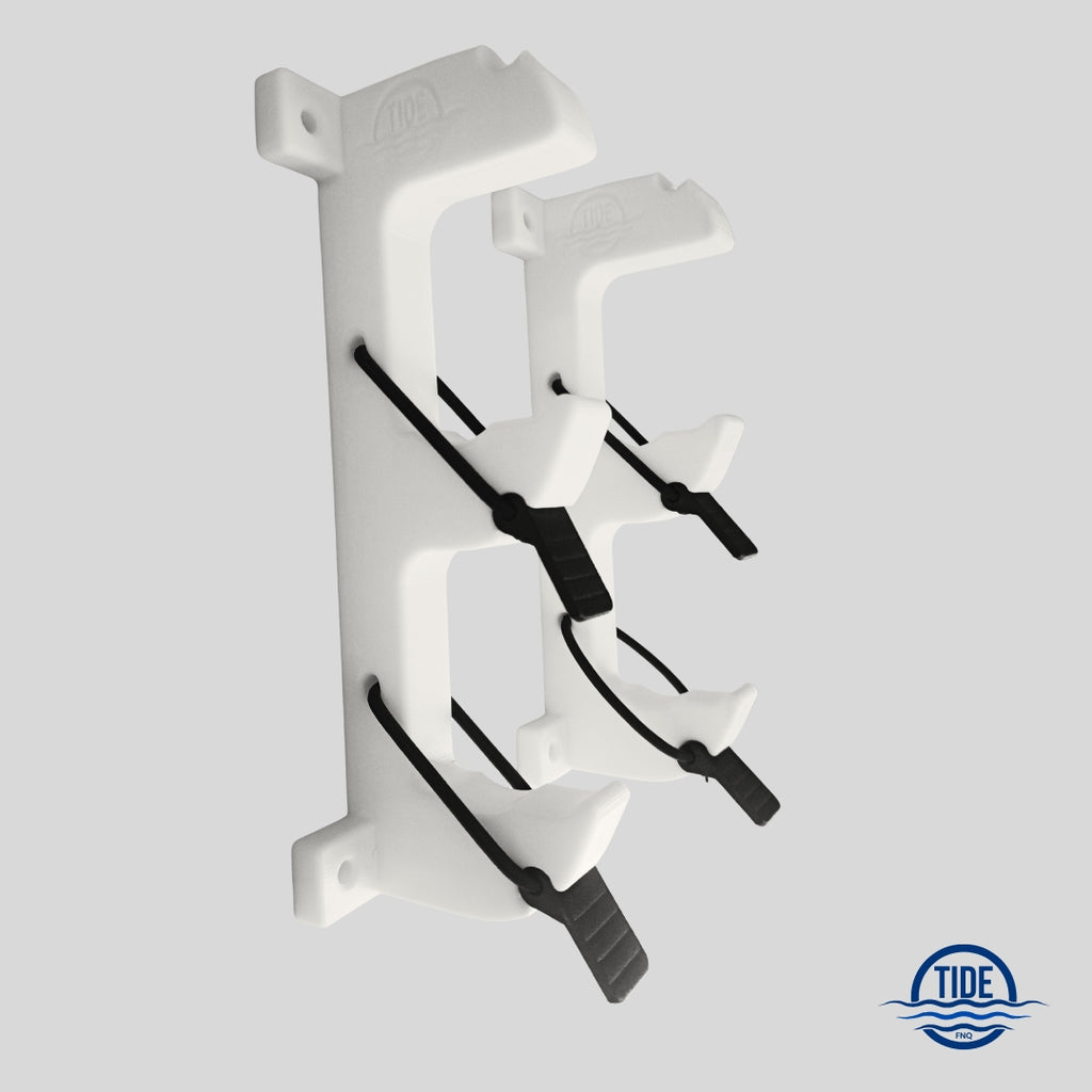 Side view of double gunwale speargun rack with easy-grip carbon fibre bungee tabs.