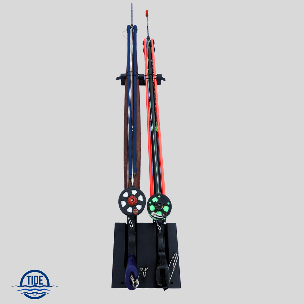 Speargun Rack Holder with 2 spearguns  vertically stored black
