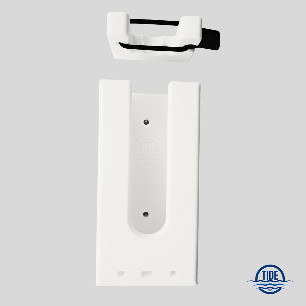 Single upright speargun rack with separate top gun support with easy grip carbon fibre bungee tabs. 