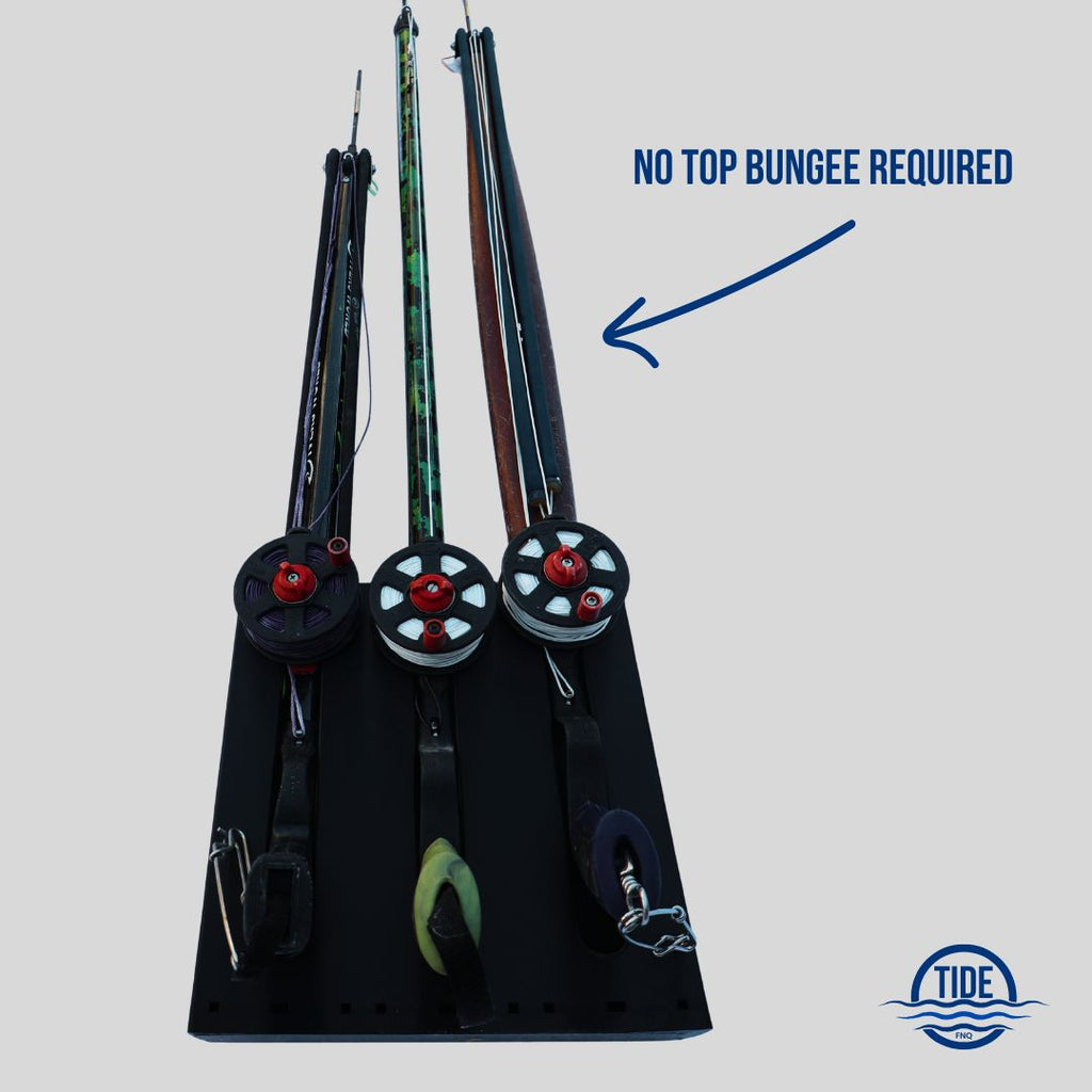 Front view of upright speargun rack - slim fit Stealth Black