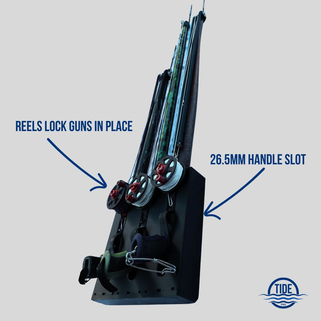 Angle view of triple upright speargun rack in stealth black - Tide FNQ Brand