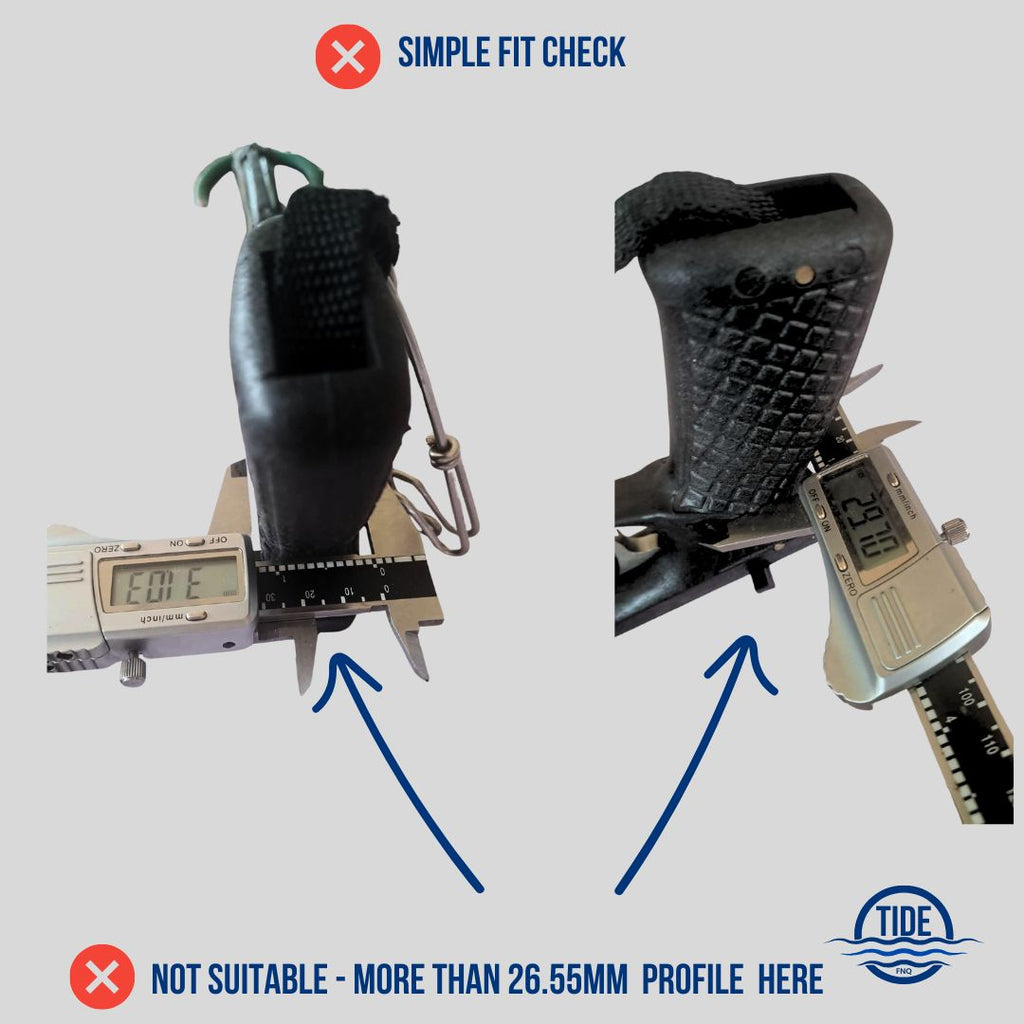 Measurement of handle profile using a digital caliper to check speargun rack fit. 