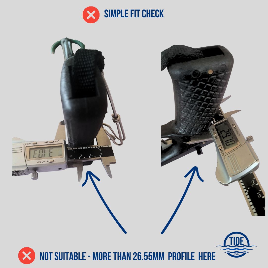 Measurement of handle profile using a digital caliper to check speargun rack fit. 