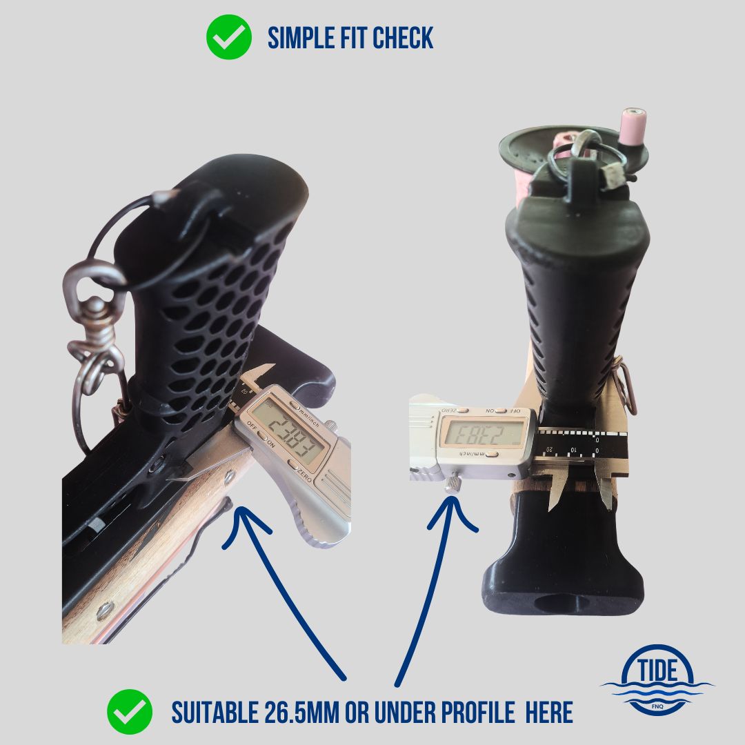 Measurement tool checking the fit of a handle with a digital caliper - Triple Upright Speargun Fit