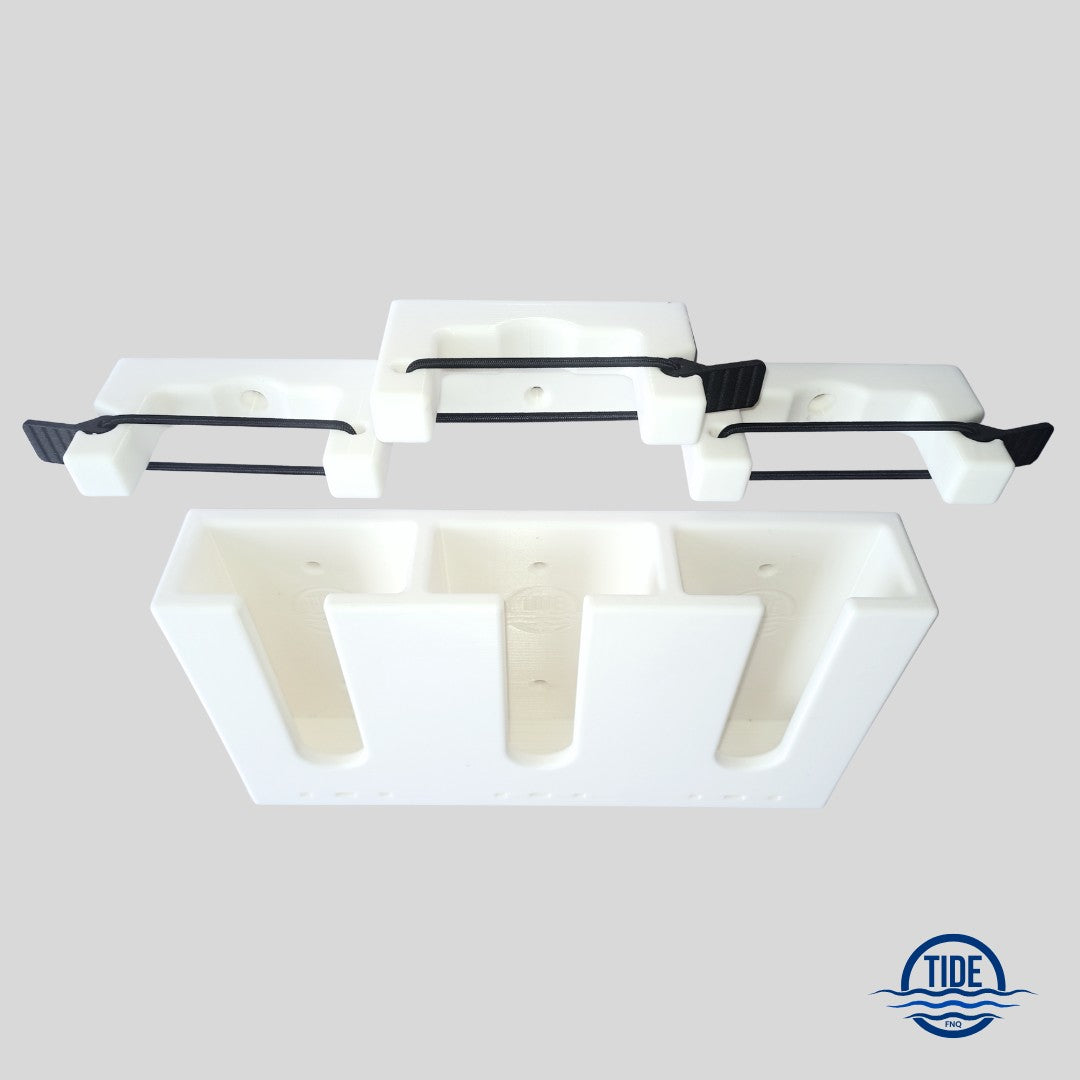 Triple Upright Speargun Rack with triple bungee tabs