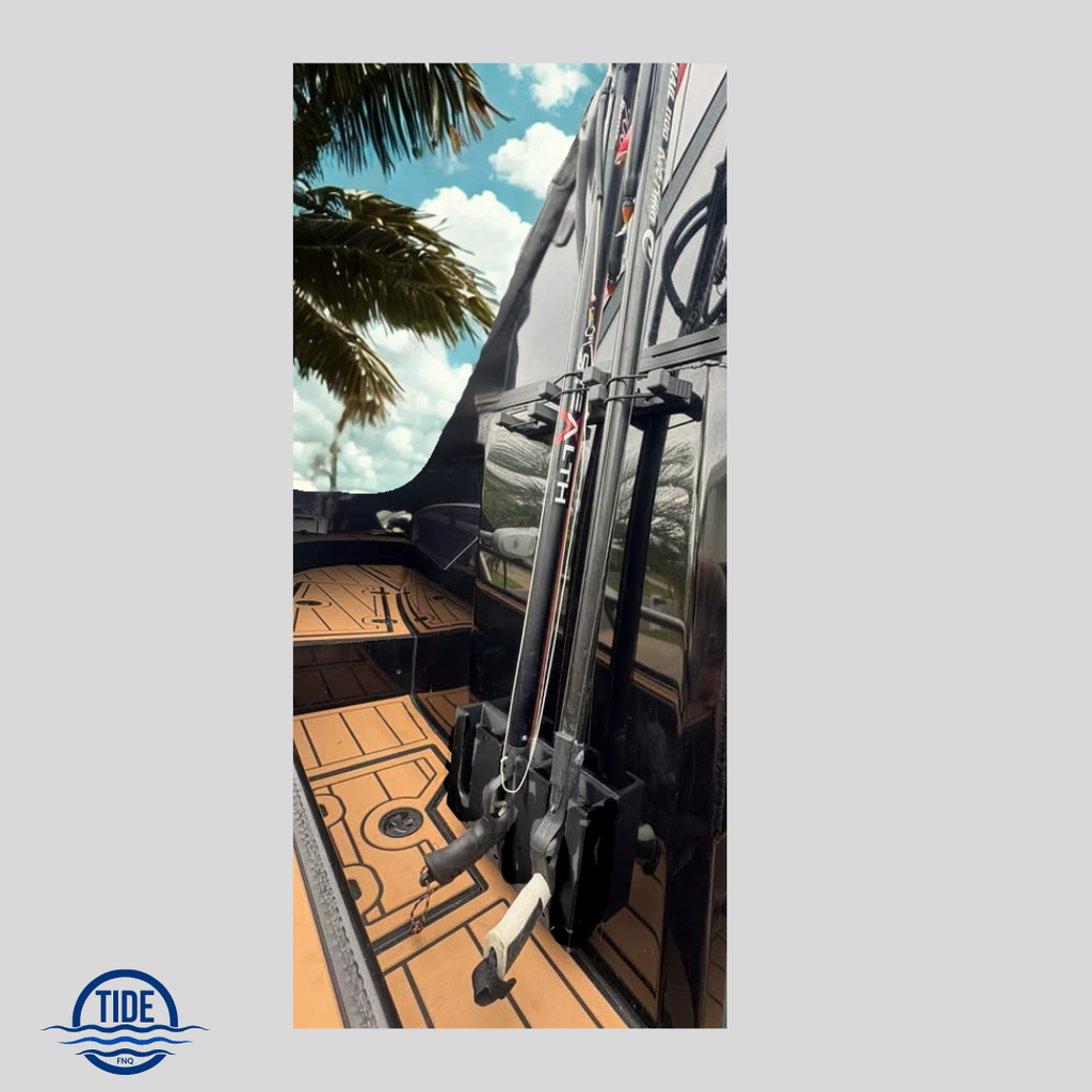 Triple Upright Speargun Rack Mounted on side of cabin customer photo
