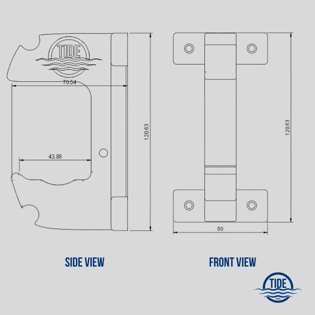 Technical side view drawing of Single Gunnel Speargun Rack showing measurements for mounting and spacing