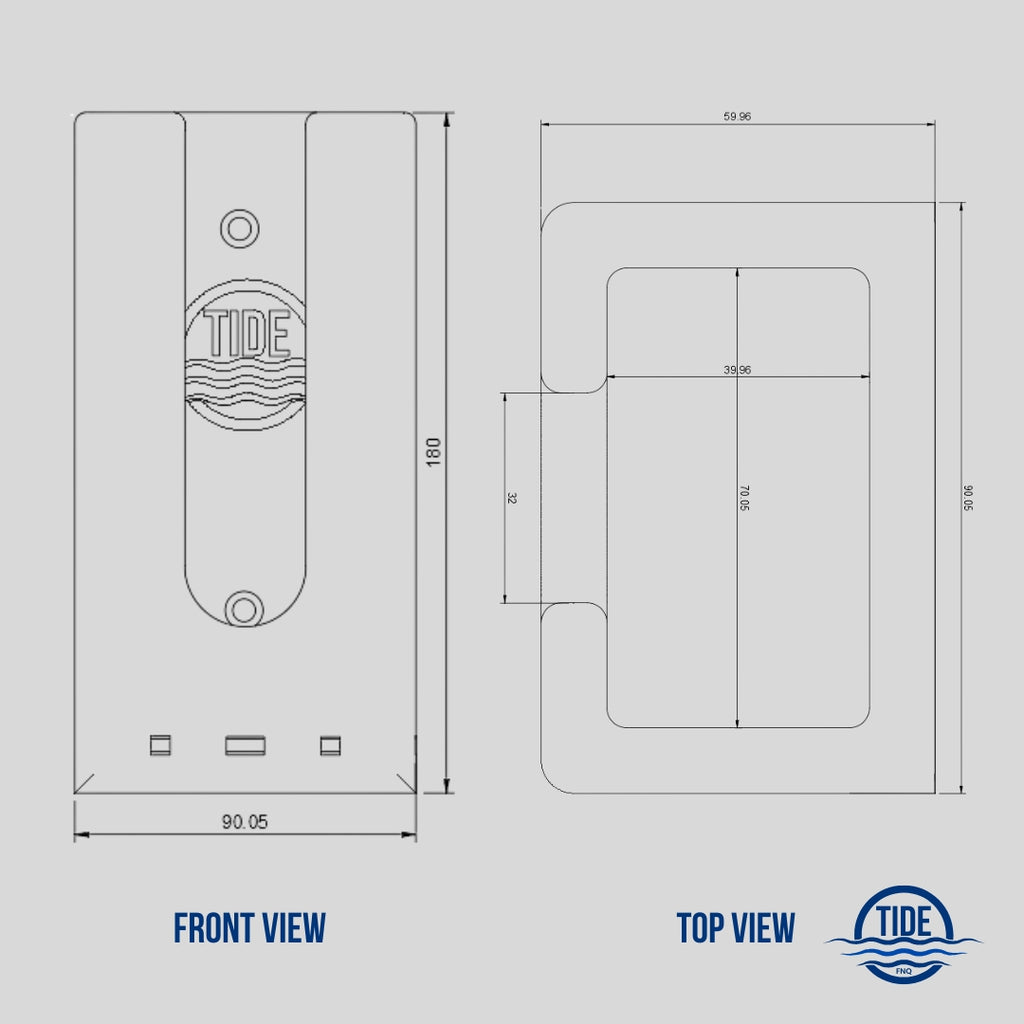 Technical view drawing of Single Upright Speargun Rack showing measurements for ensuring speargun fit and mounting.